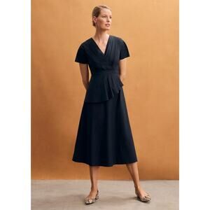 The Fold London Amora Dress Navy Blue Cotton Blend Pleated Wrap Midi US 12 UK 16
